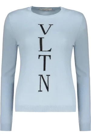 VALENTINO GARAVANI Femme, Pulls, Bleu, Taille: 38 FR Pull en laine côtelée avec logo sur le devant