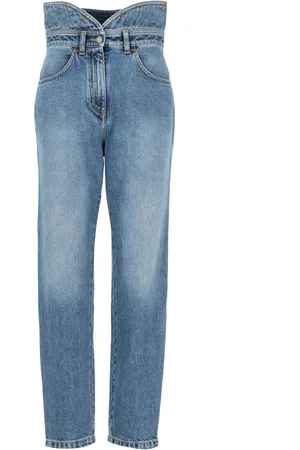 Serafini Femme, Jeans, Bleu, Taille: 36 FR Jean Taille Haute avec Logo Brodé