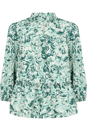 Part Two Femme, Blouses et Chemises, Vert, Taille: 44 FR Blouse à Imprimé Roses Vertes avec Volant