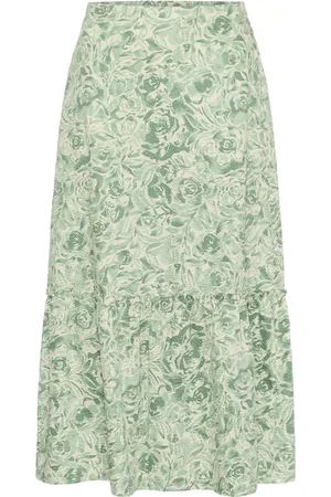 Part Two Femme, Jupes, Vert, Taille: 36 FR Jupe Midi Imprimée Roses Vertes avec Volant
