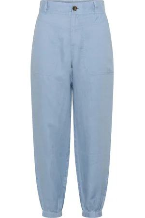 Part Two Femme, Pantalons, Bleu, Taille: 36 FR Pantalon Large en Lin Délavé à Taille Haute