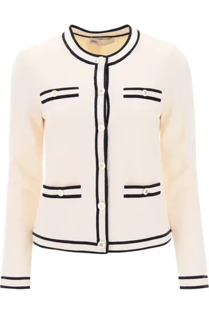 Tory Burch Femme, Pulls, Blanc, Taille: 42 FR Gilet Kendra en laine mérinos