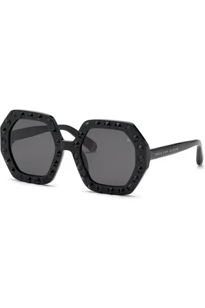 Philipp Plein Femme, Accessoires, Noir, Taille: ONE Size Élégantes lunettes de soleil noires en acétate avec verres gris