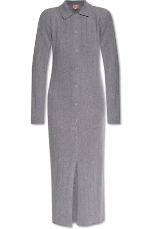 Kenzo Femme, Pulls, Gris, Taille: 38 FR Long cardigan brodé en maille côtelée de laine et cachemire