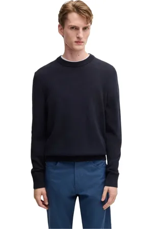 HUGO BOSS Homme, Pulls, Bleu, Taille: 2XL Pull en maille côtelée à manches longues en coton