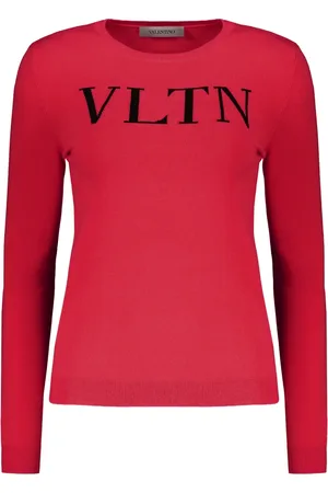 VALENTINO GARAVANI Femme, Pulls, Rouge, Taille: 36 FR Pull en maille côtelée à col rond avec logo sur le devant