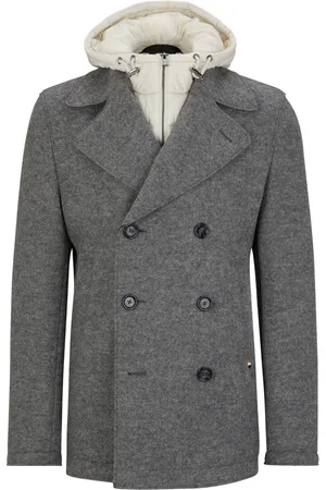 HUGO BOSS Homme, Vestes, Gris, Taille: M Manteau Slim en Laine avec Fermeture Croisée et Capuche Zippée