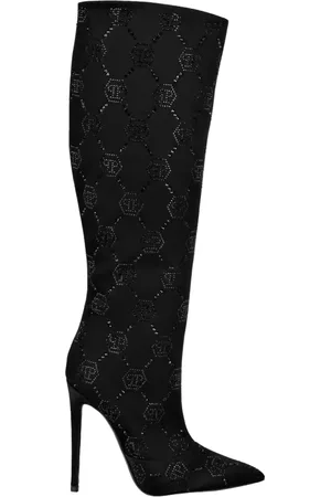 Philipp Plein Femme, Chaussures, Noir, Taille: 39 EU Bottes à Talons Hauts avec Monogramme en Cristal
