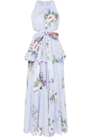 ZIMMERMANN Femme, Robes, Bleu, Taille: 38 FR Robe à Volants et Imprimé Floral avec Découpes