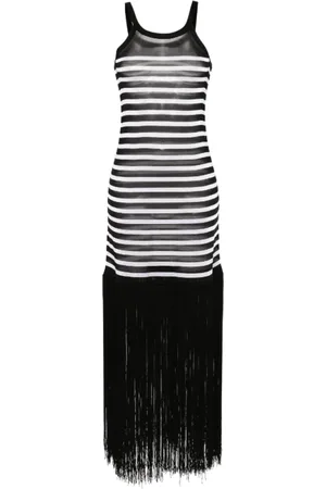 Khaite Femme, Robes, Noir, Taille: 40 FR Robe Tricotée Rayée à Bord Frangé