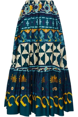 La DoubleJ Femme, Jupes, Multicolore, Taille: 38 FR Jupe Midi à Volants Coucher de Soleil Méditerranéen