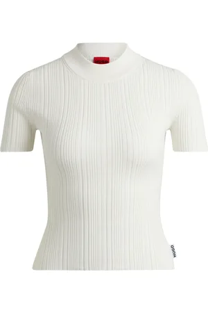 HUGO BOSS Femme, Pulls, Blanc, Taille: 40 FR Pull à Manches Courtes et Col Montant Côtelé