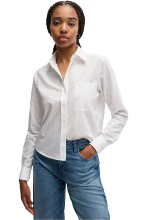 HUGO BOSS Femme, Blouses et Chemises, Blanc, Taille: 40 FR Chemise rayée en coton avec monogramme brodé