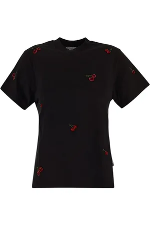 Des Phemmes Femme, Tops, Noir, Taille: 38 FR T-shirt col rond cerise avec appliques