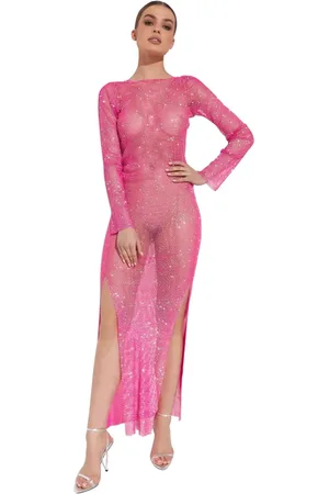SANTA BRANDS Femme, Robes, Rose, Taille: ONE Size Robe Longue Rose en Maille avec Cristaux