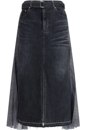 SACAI Femme, Jupes, Noir, Taille: 40 FR Jupe Midi en Denim Plissée avec Ceinture Ajustable