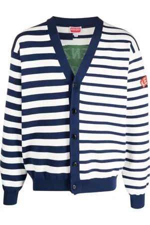 Kenzo Homme, Pulls, Bleu, Taille: L Cardigan à Rayures et Motifs Panneaux