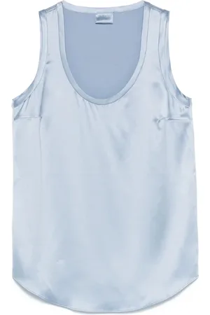 Brunello Cucinelli Femme, Tops, Bleu, Taille: 42 FR Haut sans Manches Bleu-Gris avec Ourlet Courbé