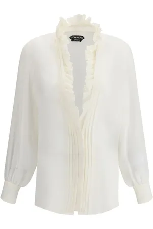 Tom Ford Femme, Blouses et Chemises, Blanc, Taille: 38 FR Blouse en Soie à Volants et Col V