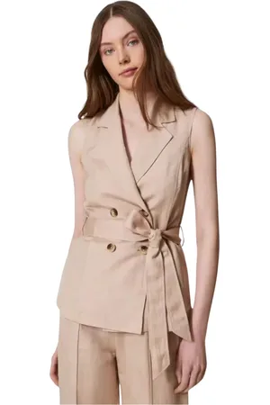 Twin-Set Femme, Vestes, Rose, Taille: 40 FR Gilet en mélange de lin avec ceinture assortie