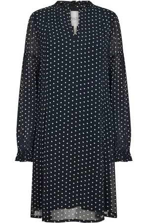 Part Two Femme, Robes, Bleu, Taille: 36 FR Robe Marine à Pois avec Manches Longues