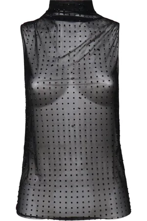 Pinko Femme, Tops, Noir, Taille: 40 FR Top Noir en Tulle Sans Manches avec Strass