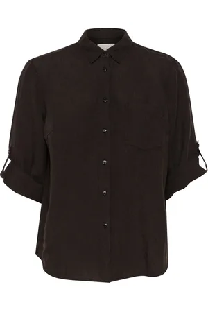 Part Two Femme, Blouses et Chemises, Brun, Taille: 36 FR Chemise en lin noir avec poche