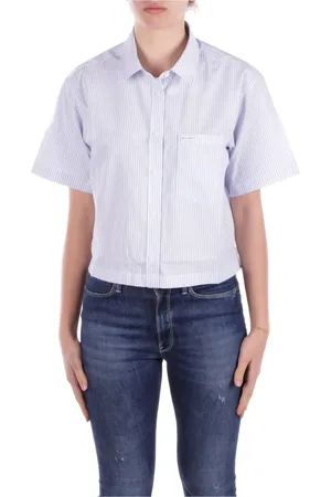Guess Femme, Blouses et Chemises, Bleu, Taille: 38 FR Chemise Bleue Logo Bouton Avant