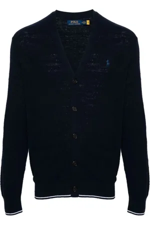 Ralph Lauren Homme, Pulls, Bleu, Taille: XL Cardigan Texturé en Coton et Lin à Col V