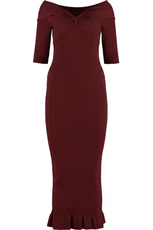 Serafini Femme, Robes, Rouge, Taille: 40 FR Robe Midi en Maille Côtelée avec Encolure Bardot