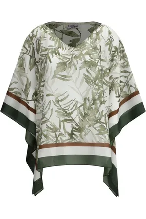 Brunello Cucinelli Femme, Vestes, Multicolore, Taille: 42 FR Chemisier en Soie Imprimé Feuilles Veste