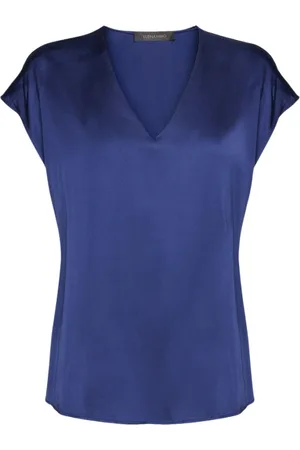 Elena Miro Femme, Blouses et Chemises, Bleu, Taille: 44 FR Chemisier en satin à col en V en tissu stretch