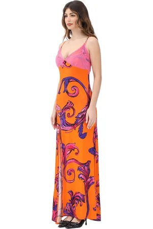 VERSACE Femme, Robes, Multicolore, Taille: 38 FR Robe Longue Orange avec Contour Baroque