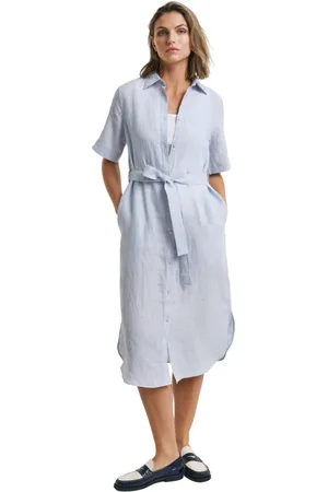 GANT Femme, Robes, Bleu, Taille: 42 FR Robe chemise en lin avec ceinture