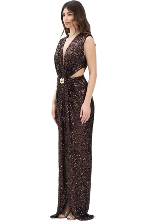 Elisabetta Franchi Femme, Robes, Brun, Taille: 40 FR Robe longue marron à sequins avec décolleté en V