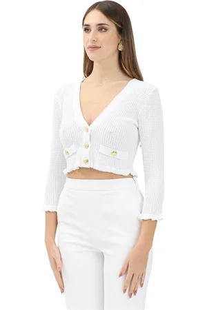 Elisabetta Franchi Femme, Pulls, Blanc, Taille: 44 FR Cardigan Blanc avec Manches ¾