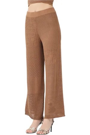 AKEP Femme, Pantalons, Brun, Taille: 42 FR Pantalon Large en Patchwork au Crochet Marron