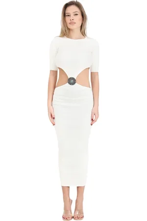 AKEP Femme, Robes, Blanc, Taille: 40 FR Robe Midi Crème avec Découpe et Boucle Texane