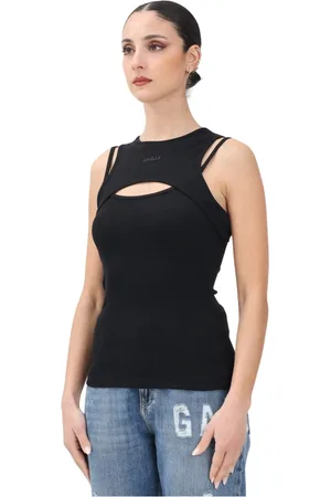 GAËLLE Femme, Tops, Noir, Taille: 40 FR Débardeur Noir Côtelé avec Détail Découpé