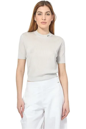 Armani Exchange Femme, Tops, Blanc, Taille: 38 FR T-shirt blanc avec détail logo
