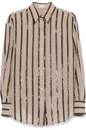 Brunello Cucinelli Femme, Blouses et Chemises, , Taille: 42 FR T-shirt à Rayures Pailletées Crème