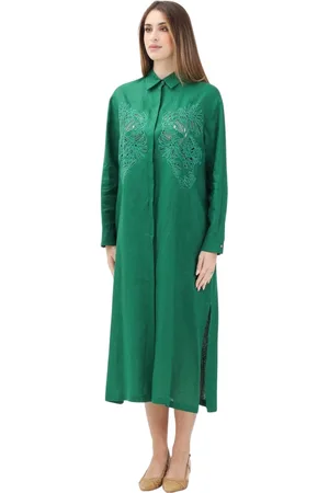 Max Mara Femme, Robes, Vert, Taille: 40 FR Robe chemise en lin vert avec détails brodés