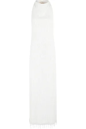 ROTATE Femme, Robes, Blanc, Taille: 38 FR Robe Longue Halterneck en Maille avec Franges et Paillettes Egret