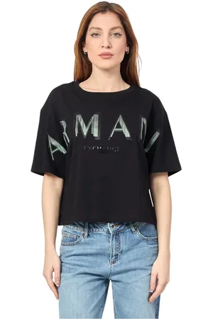 Armani Exchange Femme, Tops, Noir, Taille: 38 FR T-shirt Noir Crop avec Logo Avant
