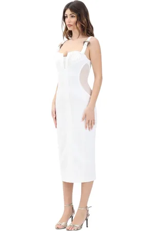 VERSACE Femme, Robes, Blanc, Taille: 38 FR Robe Midi en Denim Blanc avec Inserts en Maille