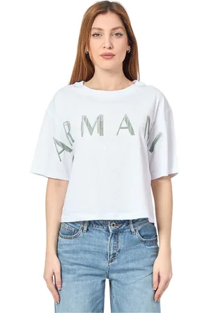 Armani Exchange Femme, Tops, Blanc, Taille: 36 FR T-shirt Blanc Cropped avec Logo Avant