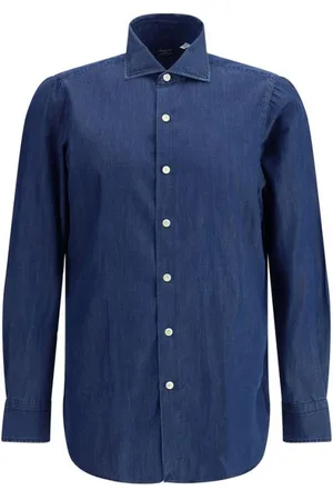 Finamore Homme, Chemises, Bleu, Taille: 4XL Chemise en Coton Monochrome Coupe Contemporaine