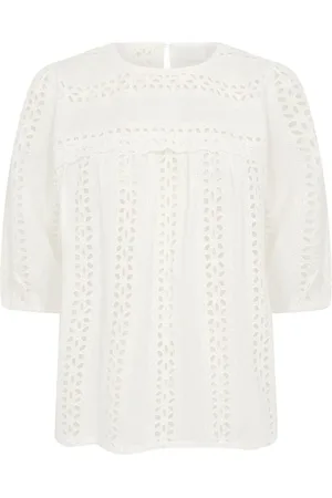 Kaffe Femme, Blouses et Chemises, Blanc, Taille: 48 FR Chemisier Brodé avec Manches 3/4