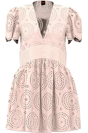 HUGO BOSS Femme, Robes, Rose, Taille: 42 FR Robe Rose en Dentelle de Coton avec Détails Plissés