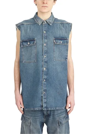Rick Owens Homme, Vestes, Bleu, Taille: M Chemise en Denim Sans Manches Jumbo
